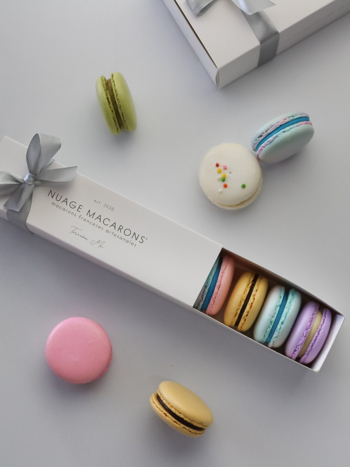 Caja alargada de macarons Nuage con listón gris y macarons sueltos